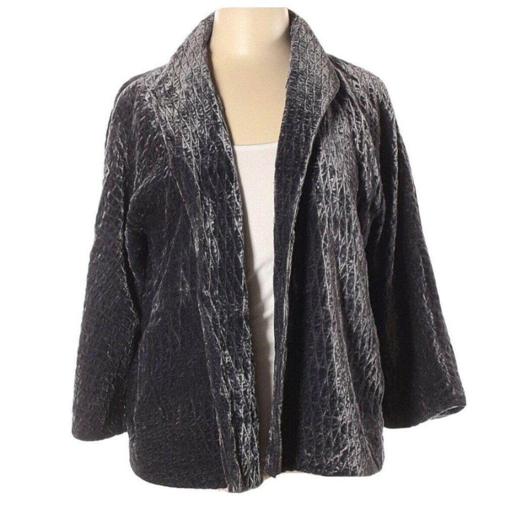 Eileen Fisher Open Front Cardigan Silk Rayon Grey Iridescent Quilted Sz Medium
